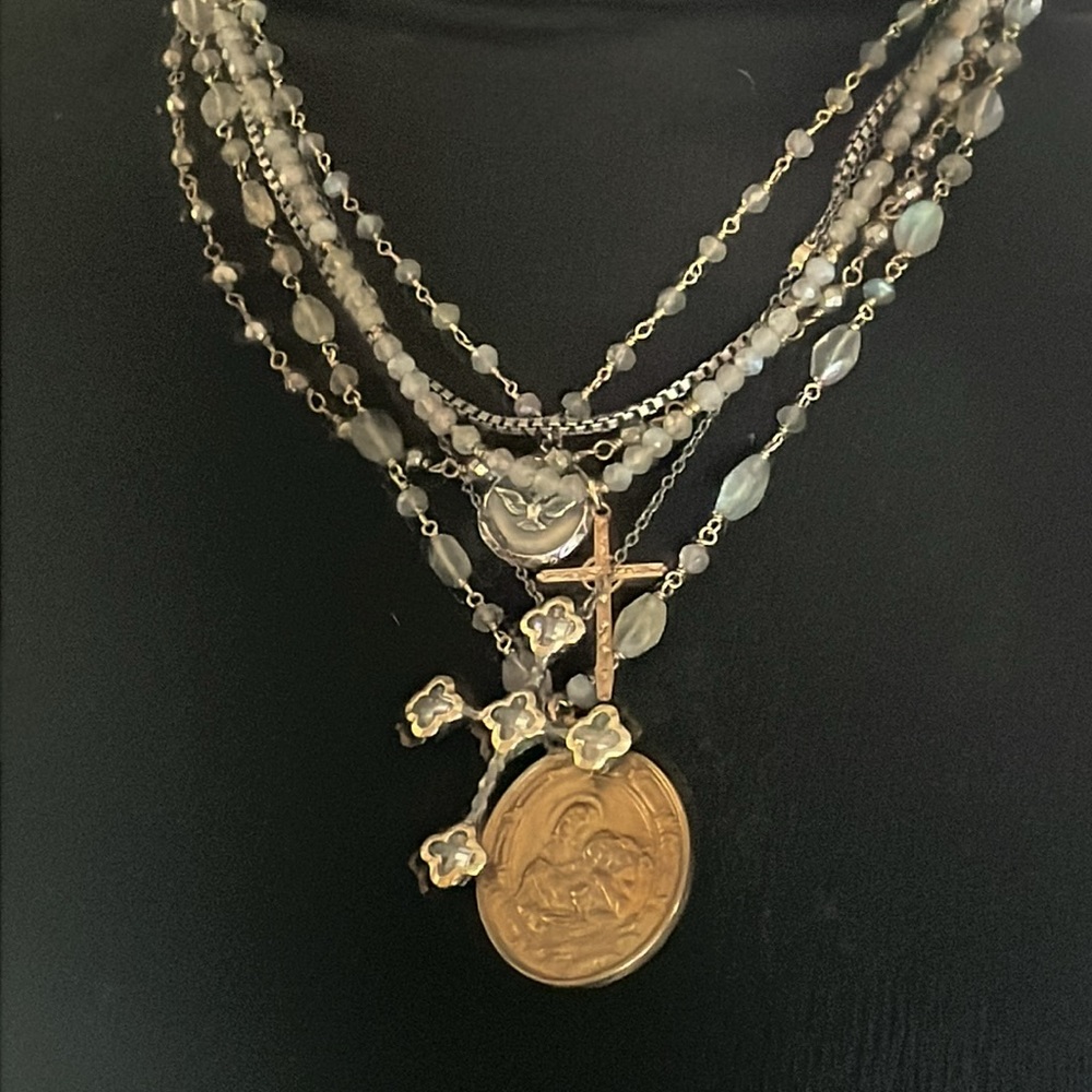 Sold💎cross chain layered necklace labradorite gold silver gunmetal coin pendent - Picture 4 of 15